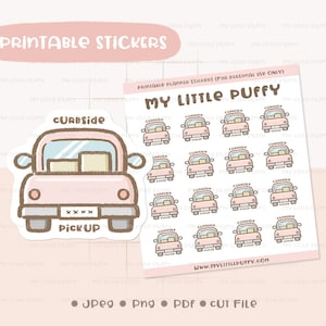 May include: Printable planner stickers featuring a pink cartoon truck with the text "Curbside Pickup". The stickers are designed for personal use only and are available in a set of 16.