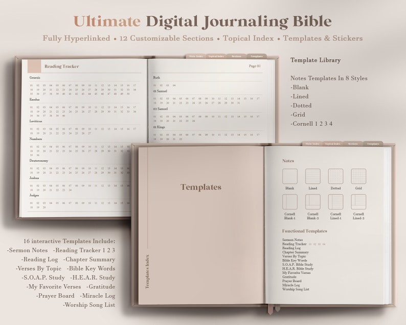 Może przedstawiać: Cyfrowa Biblia do prowadzenia dziennika z beżową okładką. Na okładce widnieje tytuł "Ultimate Digital Journaling Bible" oraz tekst "Fully Hyperlinked 12 Customizable Sections Topical Index Templates & Stickers". Wewnętrzne strony przedstawiają śledzenie odczytu, szablony i bibliotekę szablon&oacute;w.