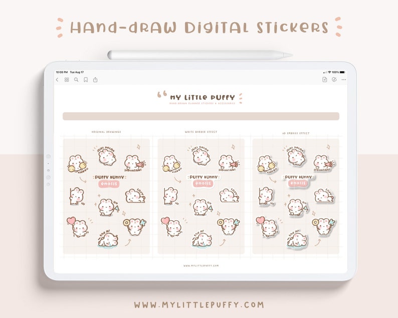 K&ouml;nnte beinhalten: Ein digitaler Download von handgezeichneten Stickern mit einem niedlichen Cartoon-Hasen in verschiedenen Posen. Die Sticker sind in drei Stilen erh&auml;ltlich: Original, Wei&szlig;er Rand und 3D-Schatten. Der Text auf dem Bild lautet "My Little Puffy" und "Puffy Bunny: Emojis".