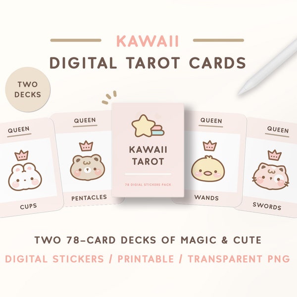 Cute Digital Tarot Cards/ Cute Tarot Deck/ Digital Tarot Card Templates/ Cute Tarot Digital Stickers/ Kawaii Tarot Stickers Digital Download