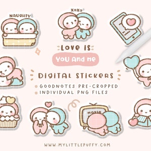 May include: A set of digital stickers featuring cute cartoon characters in various poses. The stickers are pre-cropped and come in individual PNG files. The text on the stickers reads "XOXO", "NAUGHTY", "Love Is", "YOU And me", and "DIGITAL STICKERS".