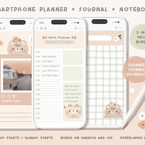 Puede incluir: La pantalla de un teléfono inteligente que muestra una aplicación de planificación digital con una linda ilustración de un oso. La aplicación cuenta con secciones de planificador diario, diario y cuaderno. El texto "3 en 1 Paquete de valor" y "Planificador Diario Cuaderno" también es visible en la pantalla.