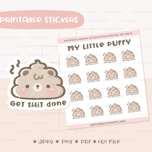 Könnte beinhalten: Druckbare Planer-Aufkleber mit einem Cartoon-Bären, der kackt, mit dem Text "Get Shit Done". Die Aufkleber sind braun und beige auf weißem Hintergrund.