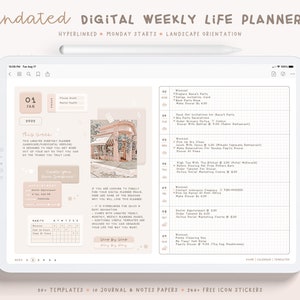 May include: A digital weekly life planner with a pink and white colour scheme. The planner has a calendar, a to-do list, and a notes section. The planner is undated and has a landscape orientation. The planner is hyperlinked and Monday starts the week.