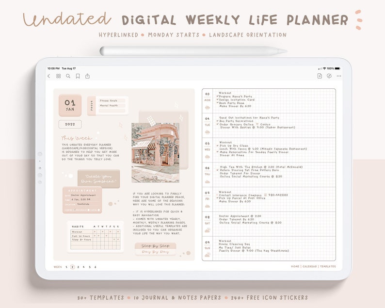 May include: A digital weekly life planner with a pink and white colour scheme. The planner has a calendar, a to-do list, and a notes section. The planner is undated and has a landscape orientation. The planner is hyperlinked and Monday starts the week.