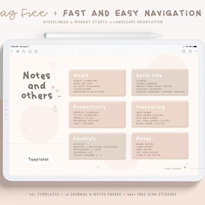 May include: A digital planner app interface with a light pink background. The app features a variety of templates for note-taking, goal setting, productivity, journaling, and daily life. The app is linked to a home calendar. The text on the screen reads "Lag Free + FAST AND EASY NAVIGATION", "Notes and others", "Goals", "Daily Life", "Productivity", "Journaling", "Lifestyle", "Notes", "Templates", "LINKED TO TEMPLATES", "LINKED TO HOME CALENDAR", "30+ TEMPLATES 10 JOURNAL & NOTES PAPERS 200+ FREE ICON STICKERS".