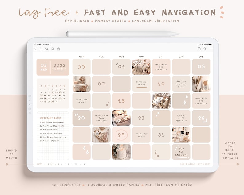 May include: A digital calendar template for the month of May 2022, with a light pink background and a white grid. The calendar is displayed on a tablet screen with a stylus pen beside it. The calendar includes important dates, such as a doctor's appointment, yoga class, and a job interview. The calendar also includes a section for notes and a section for free icon stickers.