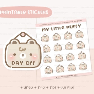 May include: Printable stickers featuring a cute cartoon bear with the text "Day Off" on a brown and white sign. The stickers are designed for personal use only and are available in JPEG, PNG, PDF, and cut file formats.