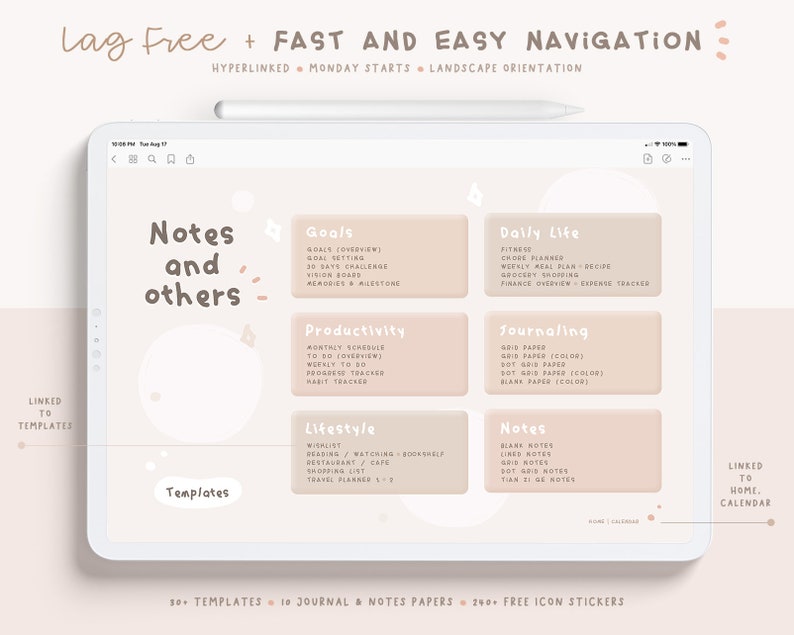 May include: A digital tablet screen displaying a digital planner with a light pink background. The planner is divided into sections for notes, goals, daily life, productivity, journaling, lifestyle, and notes. The planner includes templates for each section. The text "Lag Free + FAST AND EASY NAVIGATION" is at the top of the screen. The text "LINKED TO TEMPLATES" is in the bottom left corner of the screen. The text "LINKED TO HOME CALENDAR" is in the bottom right corner of the screen.