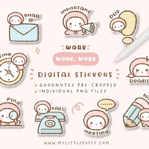 May include: A collection of digital stickers with a work theme. The stickers feature cute characters with various work-related icons, including an email, a megaphone, a clock, and a pencil. The text "WORK, WORK" is also present.
