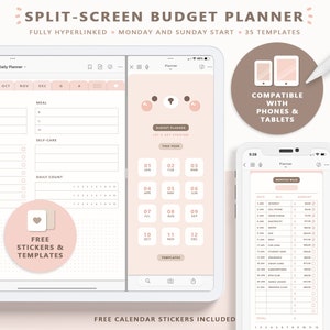 May include: A split-screen digital budget planner app on a tablet device. The app features a daily planner, a monthly bill tracker, and a calendar with free stickers. The app is compatible with phones and tablets.