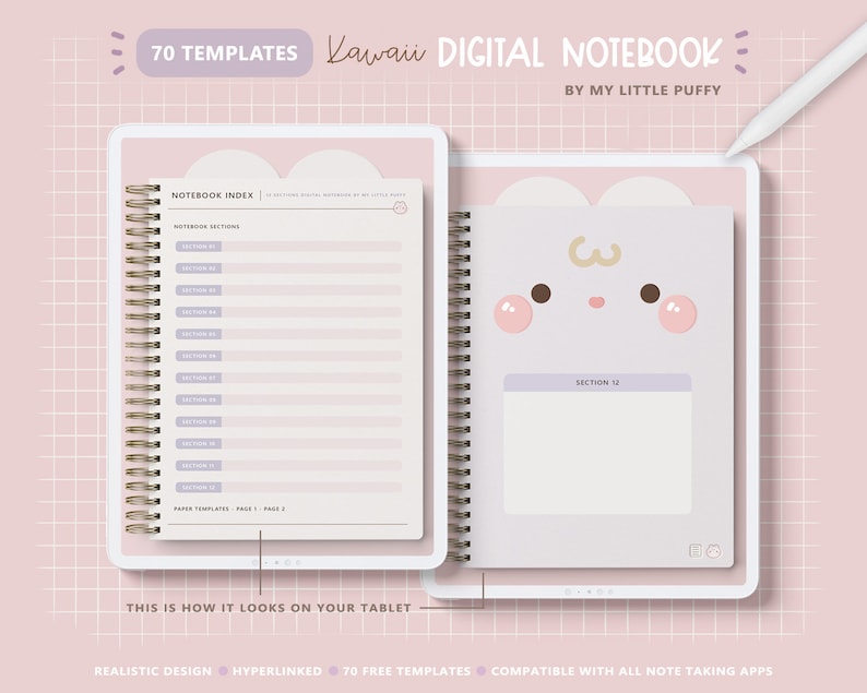 Cute Bunny Digital Notebook/ Hyperlinked Digital Notebook/ 12 Sections Digital Notebook/ Kawaii Digital Notebook/ Pink Notebook Digital Cute zdjęcie 10