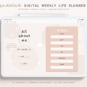 May include: A digital weekly life planner in pink and white. The planner features a section for goals with the prompts "Start", "Quit", "Try", "Be", "Improve", and "Learn". There is also a section for "All about me" with prompts for "My name is", "I am", and "I like".