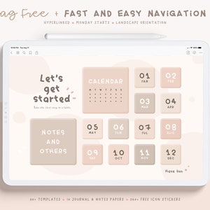May include: A digital planner app on a tablet screen with a calendar, notes, and the text "Let's get started". The app has a light pink and brown color scheme.