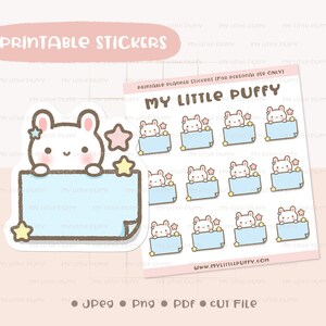 May include: Printable planner stickers featuring a cute white bunny holding a light blue banner with stars. The stickers are designed for personal use only and are available in JPEG, PNG, PDF, and cut file formats. The website address is www.mylittlepuffy.com.