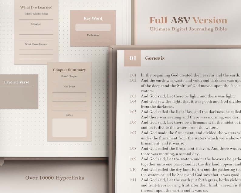 Może przedstawiać: Cyfrowa Biblia do prowadzenia dziennika z beżowym tłem i brązowym tekstem. Tytuł to "Full ASV Version: Ultimate Digital Journaling Bible". Strona jest otwarta na Księgę Rodzaju, rozdział 1, wersety 1-11. Tekst jest w kroju pisma szeryfowego.