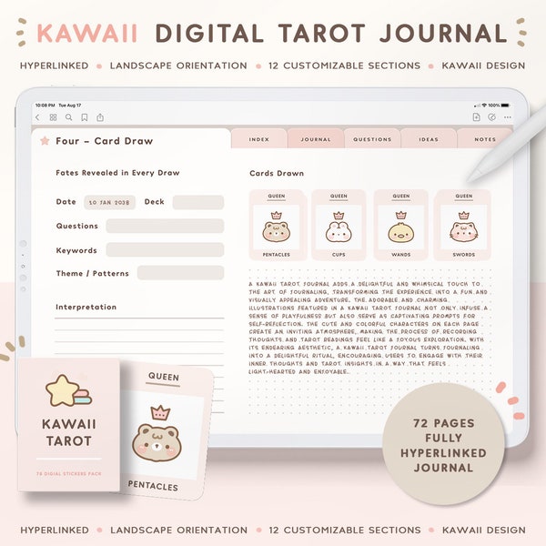 Cute Digital Tarot Journal/ Cute Tarot Workbook/ Tarot Templates/ Digital Witchy Planner/ Kawaii Tarot Planner/ Goodnotes Cute Tarot Journal