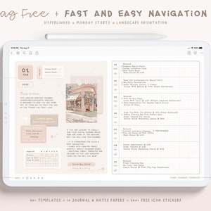 May include: A digital planner template with a pink and white colour scheme. The template features a calendar, a weekly planner, and a to-do list. The text "Lag Free + FAST AND EASY NAVIGATION" is at the top of the page. The text "HYPERLINKED MONDAY STARTS LANDSCAPE ORIENTATION" is below the title. The text "LINKED TO MONTH" is on the left side of the page. The text "LINKED TO WEEKS" is below the text "LINKED TO MONTH". The text "LINKED TO HOME. CALENDAR, TEMPLATES" is on the right side of the page.