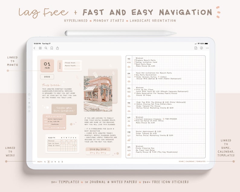 May include: A digital planner template with a pink and white colour scheme. The template features a calendar, a weekly planner, and a to-do list. The text "Lag Free + FAST AND EASY NAVIGATION" is at the top of the page. The text "HYPERLINKED MONDAY STARTS LANDSCAPE ORIENTATION" is below the title. The text "LINKED TO MONTH" is on the left side of the page. The text "LINKED TO WEEKS" is below the text "LINKED TO MONTH". The text "LINKED TO HOME. CALENDAR, TEMPLATES" is on the right side of the page.