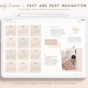 May include: A digital planner app with a calendar view for each month of the year. The app is open to the year view and has a quote that says "Good things take time".
