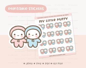 May include: Printable planner stickers featuring a set of 16 adorable cartoon baby characters. The stickers are in pink and blue and feature two babies holding hands. The text "My Little Puffy" is at the top of the sheet. The text "www.mylittlepuffy.com" is at the bottom of the sheet.