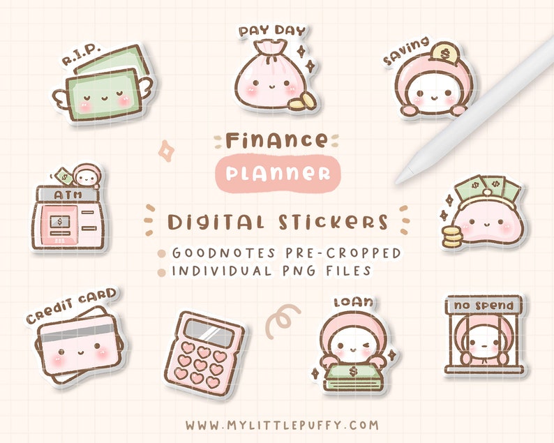 May include: A set of nine digital stickers featuring cute cartoon characters with a finance theme. The stickers include images of a piggy bank, an ATM, a credit card, a calculator, a money bag, a person saving money, a person taking out a loan, and a person in a cage labeled "no spend". The stickers are designed for use in digital planners and note-taking apps.