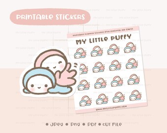 May include: Printable planner stickers featuring a cute cartoon character with pink and blue accents. The sticker sheet includes the text "My Little Puffy" and "www.mylittlepuffy.com".