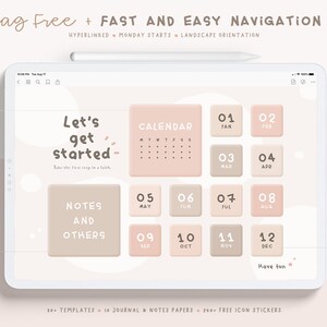 May include: A digital planner on a tablet screen with a pink and beige colour scheme. The planner includes a calendar, notes, and other sections. The text "Let's get started" is displayed on the screen. The planner is designed for easy navigation and includes hyperlinks to different sections.