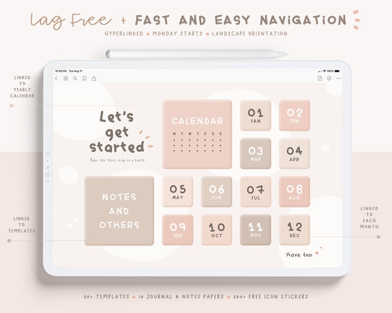 May include: A digital planner on a tablet screen with a pink and beige colour scheme. The planner includes a calendar, notes, and other sections. The text "Let's get started" is displayed on the screen. The planner is designed for easy navigation and includes hyperlinks to different sections.