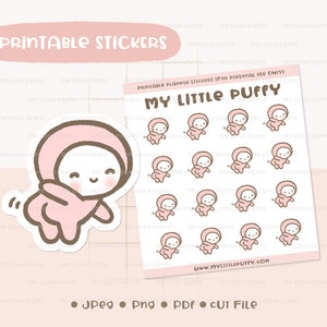 Op de afbeelding: Printbare planner stickers met een roze cartoonfiguur met een glimlachend gezicht. Het personage draagt een roze outfit met een capuchon en heeft een staart. De stickers zijn gelabeld met "My Little Puffy" en bevatten het websiteadres "www.mylittlepuffy.com".