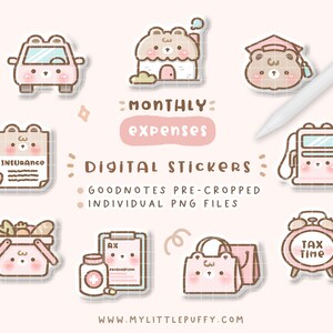 Pode incluir: Um conjunto de 10 adesivos digitais com ursos de desenho animado fofinhos com diferentes despesas mensais, como um carro, uma casa, um seguro, gasolina, mantimentos, medicamentos, sacolas de compras e um relógio com o texto "Tax Time". Os adesivos são pré-cortados para uso no Goodnotes.