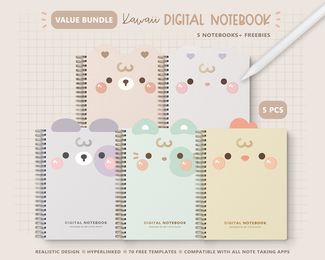 5 Digital Notebooks/ Cute Digital Notebook Bundle/ 12 Sections Digital ...