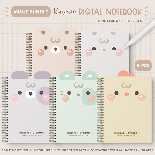 5 Digital Notebooks/ Cute Digital Notebook Bundle/ 12 Sections Digital Notebooks/Value Pack/ Kawaii Digital Notebook Plus Free Sticky Notes