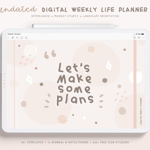 May include: A digital weekly life planner with a pink and brown colour scheme. The planner has a quote that says "Let's make some plans". It includes 30 templates, 10 journal and notes papers, and 240 free icon stickers.