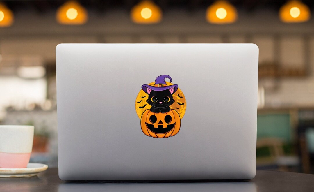 Cute Black Cat in Witch Hat Sticker/cute Black Kitten With Pumpkin ...