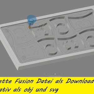 May include: A 3D rendering of a gray rectangular object with a recessed, patterned design. The object has a raised border and is set against a gray background. The image includes text in German: "komplette Fusion Datei als Download alternativ als obj und svg."