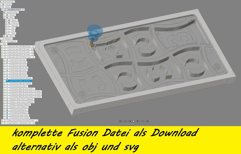 May include: A 3D rendering of a gray rectangular object with a recessed, patterned design. The object has a raised border and is set against a gray background. The image includes text in German: "komplette Fusion Datei als Download alternativ als obj und svg."