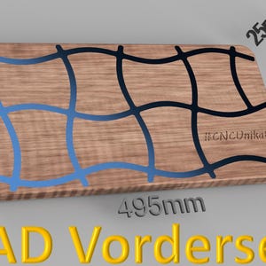 May include: A rectangular wooden cutting board with a grid design in blue and black. The board measures 19.5 inches long, 10 inches wide, and 1 inch thick. The text "#CNCUnikate" is visible on the board.