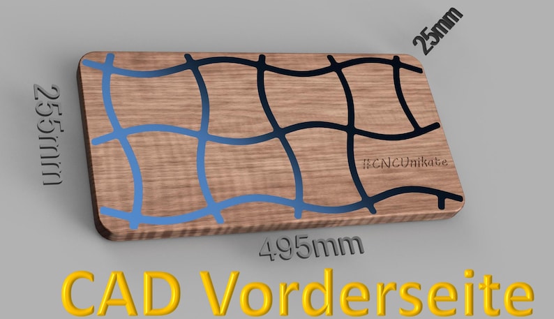 May include: A rectangular wooden cutting board with a grid design in blue and black. The board measures 19.5 inches long, 10 inches wide, and 1 inch thick. The text "#CNCUnikate" is visible on the board.
