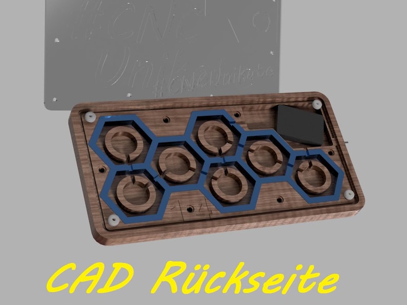 K&ouml;nnte beinhalten: Eine Holzbasis mit einem Wabenmuster und blauen Akzenten. Die Basis hat acht kreisf&ouml;rmige Ausschnitte und ist mit "CAD R&uuml;ckseite" beschriftet.