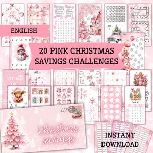 May include: A collection of 20 pink Christmas savings challenges. The image features various designs, including a snowman, Christmas tree, and snowflakes. Text includes "English", "Christmas savings", and "Instant Download".