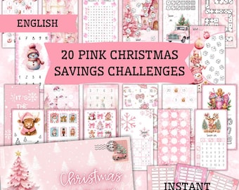 May include: A collection of 20 pink Christmas savings challenges. The image features various designs, including a snowman, Christmas tree, and snowflakes. Text includes "English", "Christmas savings", and "Instant Download".