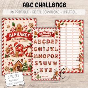 Puede incluir: Un set de tres descargas digitales imprimibles en formato A6 que presenta un desafío ABC con letras del alfabeto estilo pan de jengibre, bastones de caramelo y decoraciones navideñas. Las hojas incluyen un título y casillas de control.