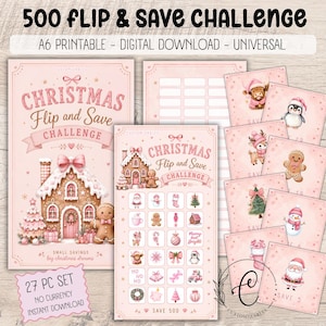 May include: A 27-piece Christmas Flip and Save Challenge digital download set in pink. Includes A6 printable sheets featuring a gingerbread house, holiday icons, and small square cards with festive illustrations like a penguin and Santa.