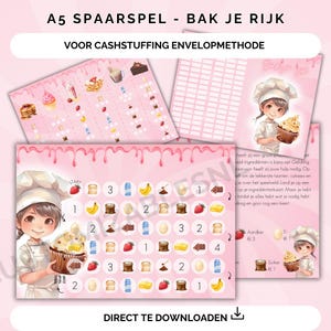 Op de afbeelding: Een roze en wit printbaar spelbord met een cartoonkok en cupcakes. Het spel heet "Bak Je Rijk" wat vertaalt naar "Bak Jezelf Rijk". Het spelbord heeft een raster met verschillende ingrediënten en nummers. Het spel is voor de cash stuffing envelop methode.