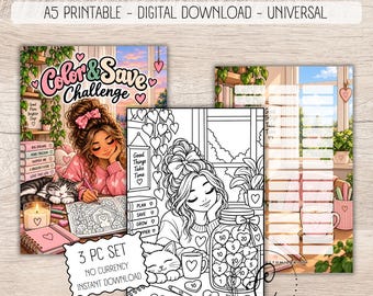 Color & Save Challenge Printable, Cute Savings Challenge, A5 Cash Stuffing Challenge, No Currency Budget Binder Insert Digital PDF,