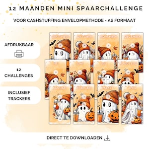 Puede incluir: Un conjunto de 12 mini desafíos de ahorro, cada uno con un fantasma de dibujos animados con un gorro naranja y sosteniendo una bebida. Las tarjetas están decoradas con calabazas, hojas y murciélagos, con texto en holandés. El texto incluye "12 MAANDEN MINI SPAARCHALLENGE" y "DIRECT TE DOWNLOADEN".