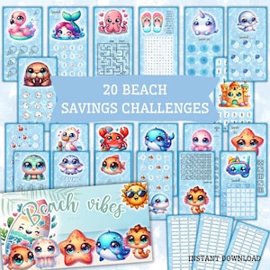 May include: A collection of 20 beach-themed savings challenges. The cards feature cute cartoon sea creatures, including a flamingo, octopus, and starfish. The text "20 BEACH SAVINGS CHALLENGES" is displayed prominently. The phrase "Beach vibes" is also visible.