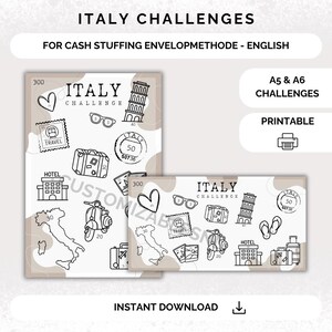 May include: Printable Italy themed cash stuffing challenge with a map of Italy, a scooter, a hotel, a suitcase, a heart, glasses, and a travel stamp. The challenge is for A5 and A6 sizes.