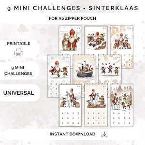 Op de afbeelding: Een printbare digitale download met negen mini-uitdagingen voor een A6-zipper pouch. Het ontwerp bevat illustraties van Sinterklaas, kinderen en een schip. Tekst omvat "Printable", "9 Mini Challenges", "Universal" en "Instant Download".
